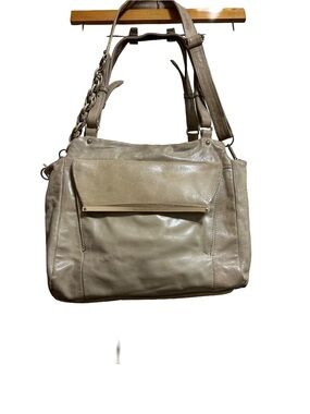 Elliott Lucca Aragon Taupe Leather Satchel Handbag Chain Strap Shoulder Bag